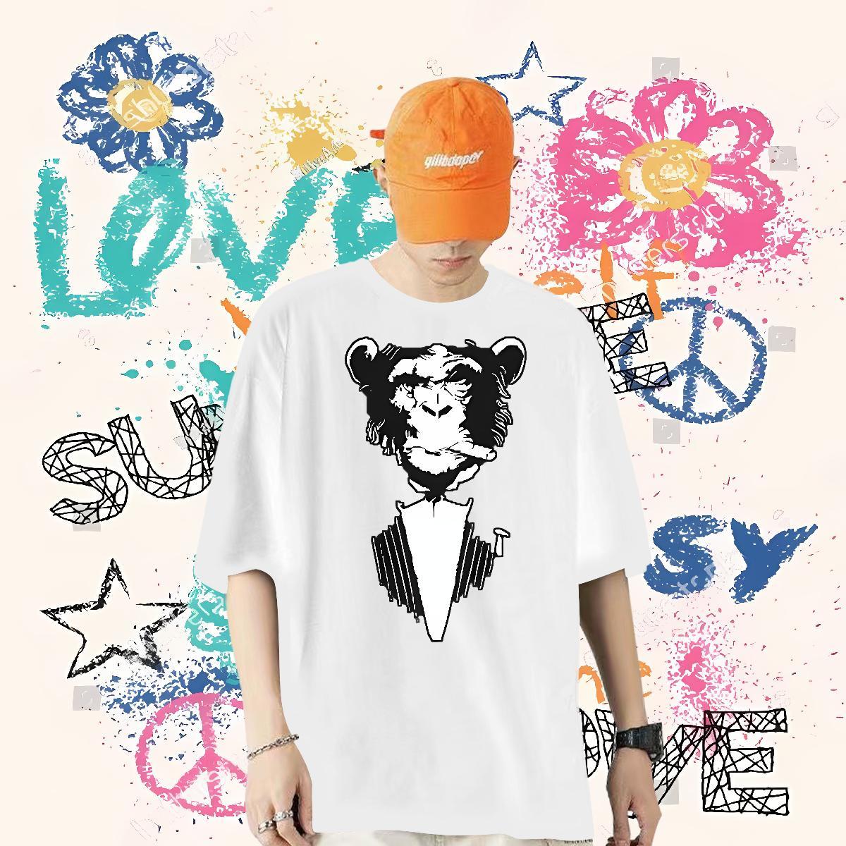 Designer Fashion T-Shirts for Men 230g 100% Cotton chimpanzee Spring Summer Clothings Short Sleeve O-Neck Brand Tshirts Black Oversized