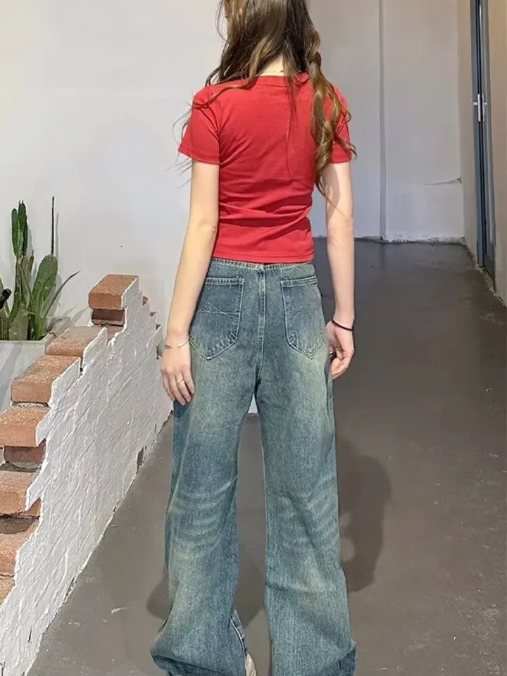 Fashion printed letters high waist jeans womens Y2K street hip-hop retro loose all-match button straight wide-leg pants men 240806