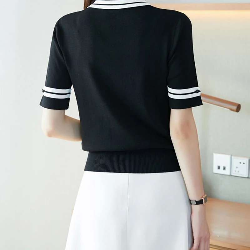 Summer Halft Sleeve Knitting Tee Female Casual Fashion Tee Slim Patchwork Pullover Tops Women Polo-neck All-match T-shirt 240806