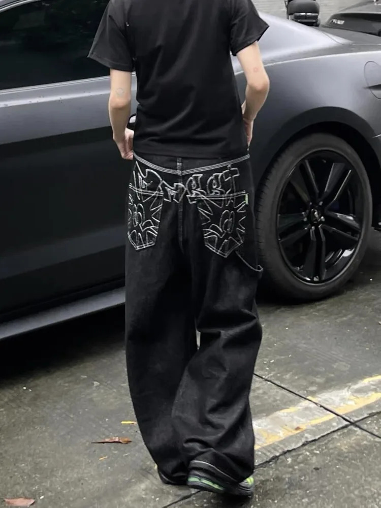 HOUZHOU Vintage Embroidery Black Jeans Women Oversized Streetwear Grunge Y2k Baggy Denim Trousers Boyfriend Jeans Hip Hop Gothic 240806