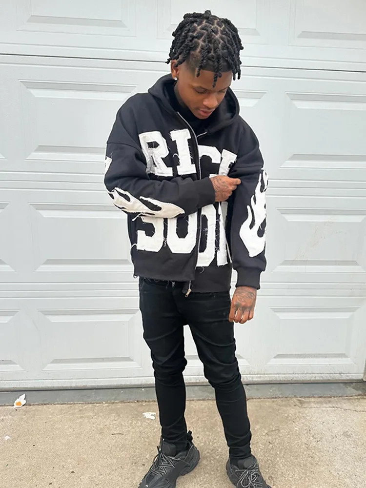 Street Rich Soon Printed Hoodie For Male Trendy Y2k Long Sleeve Zip Up Hooded Sweatshirt Autumn Pocket Loose Hoodies Jacket 240806