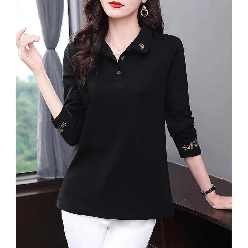 Womens Vintage Embroidery Polo Collar Elegant T-shirts Spring Autumn Korean Fashion Casual Long Sleeve Loose Tops Ropa De Mujer 240806