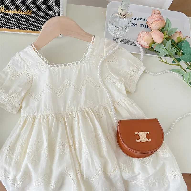Girls clothing summer girls skiing hollow bubble sleeve dress girls lace short sleeved dress childrens summer skiing dressW240720