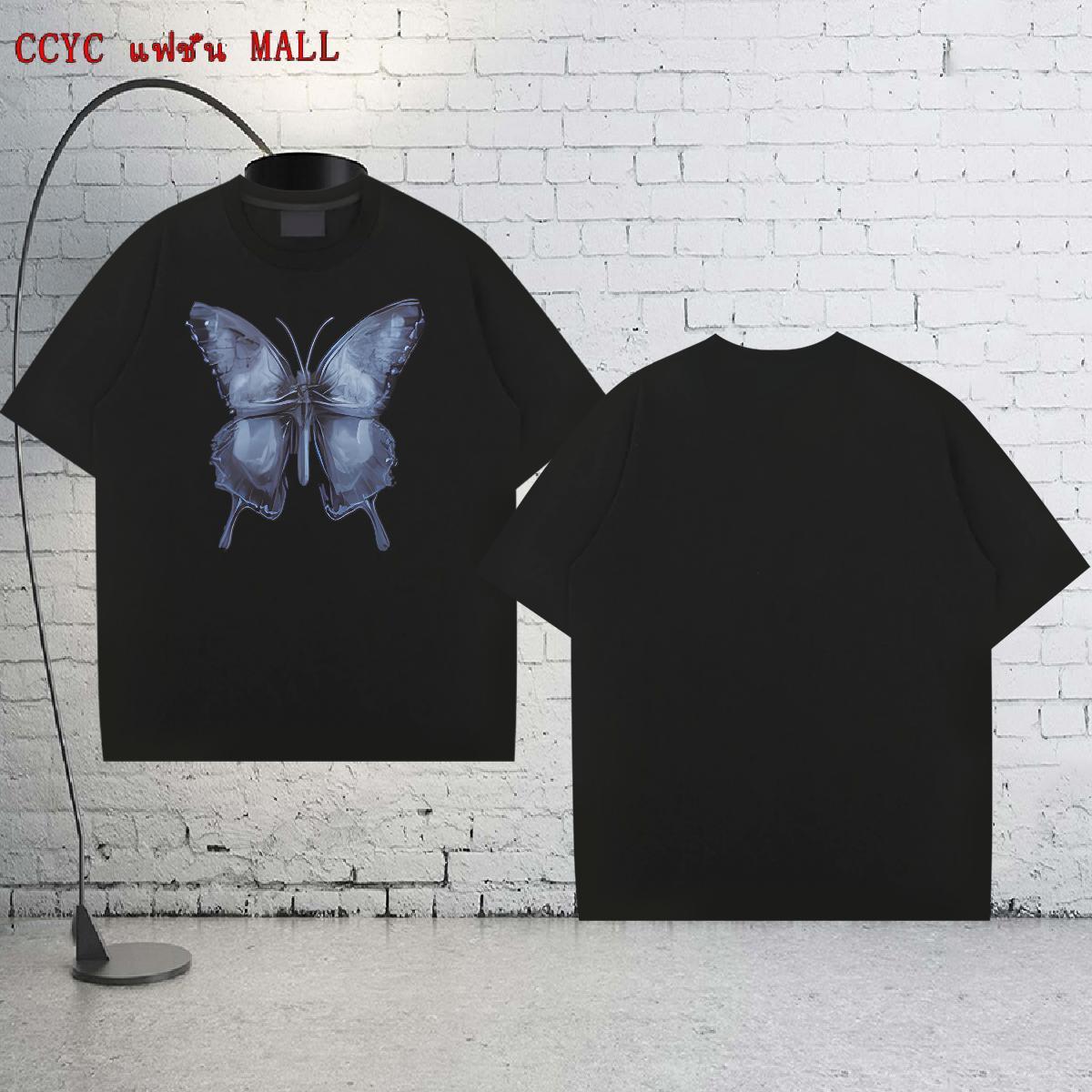 Brand Man T Shirts 230g Pure Cotton Butterfly Outdoor Tops Tees Round Neck Short Sleeve Classic Men Tees Black White