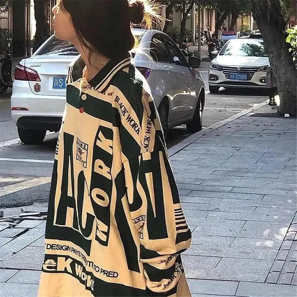 High Street Y2k Loose Vintage Oversized Polo T-shirt Women Letter Print Harajuku Goth Blouses Baggy Long Sleeve Fashion Chic Top 240806