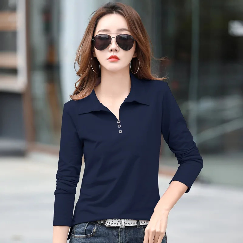 Spring and Autumn Long Sleeve Womens T-shirt Polo Bottom Shirt Womens Casual Lapel Body Shirt with Collar Ladies T-Shirt Tops 240806