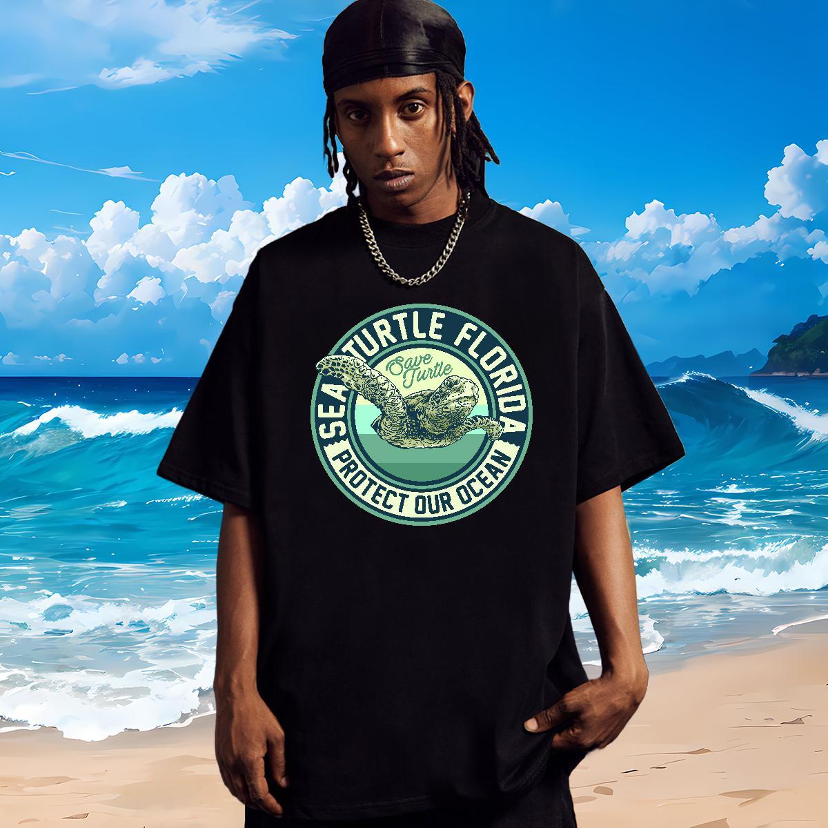 Fashion New T Shirt For Man 230g Cotton tortoise Beach Tops Shirt Breathable Crew Neck Popular Mens Tshirts Black Oversized