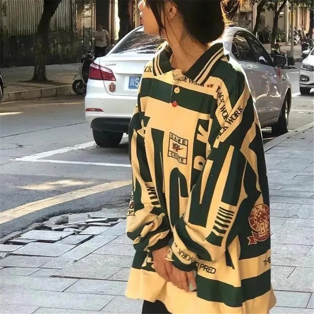 High Street Y2k Loose Vintage Oversized Polo T-shirt Women Letter Print Harajuku Goth Blouses Baggy Long Sleeve Fashion Chic Top 240806