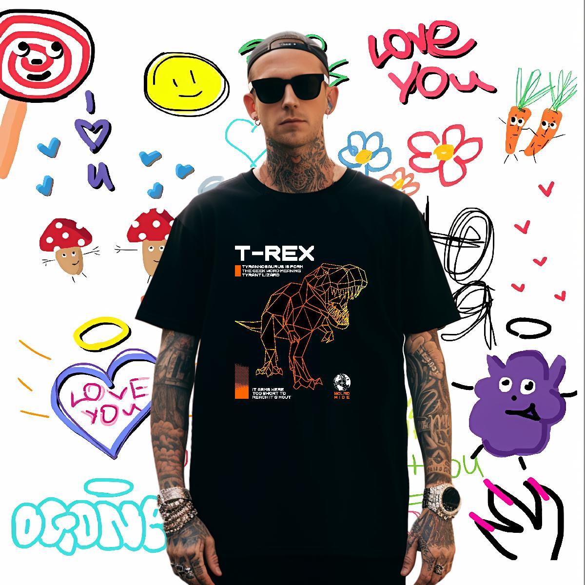 Unisex Tshirt for Man Woman 230g Cotton dinosaur Men T Shirts Hip Hop Street Breathable Crew Neck Custom Print Oversized Fashion Design Polos
