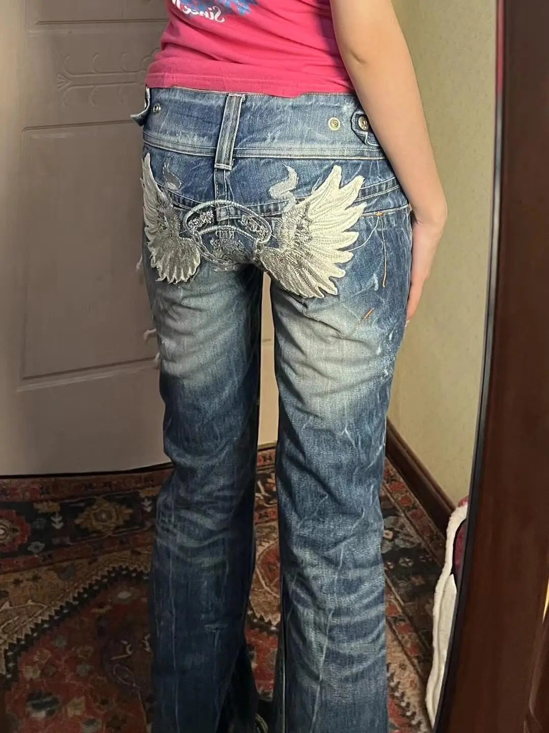 Y2K girl heavy industry wings embroidered pleated jeans womens high street retro low-waist slim trendy boot-cut pants 240806