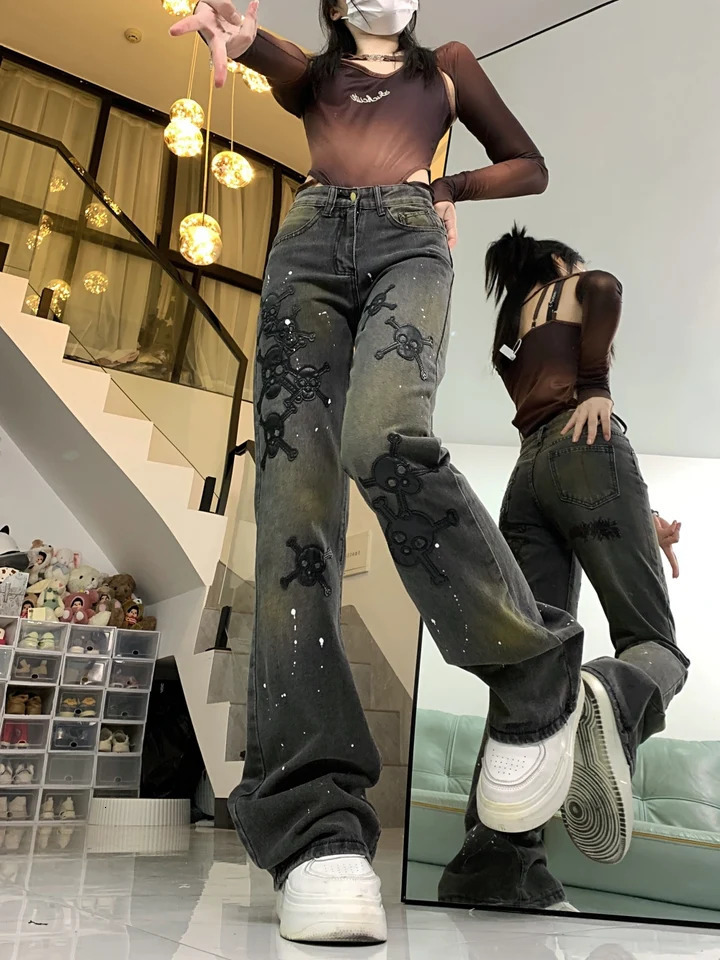 Embroidery Skulls Pants for Women American Y2K Streetwear Jeans Women Fashion Vintage Trendy Jeans 240806