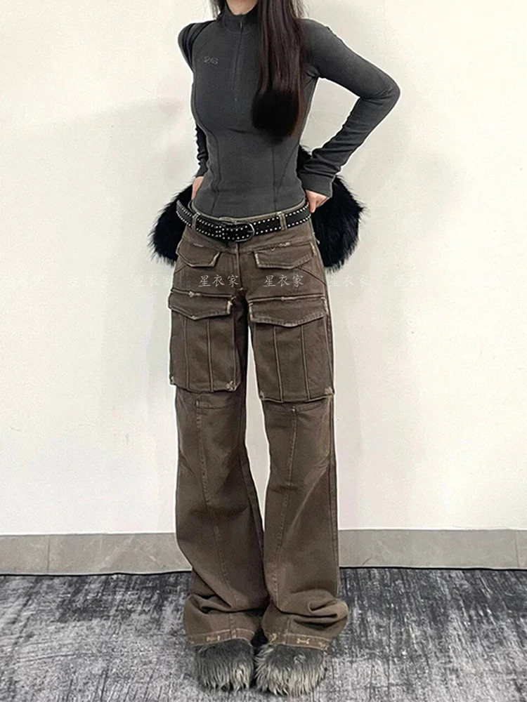 Women Coffee Baggy Cargo Jeans Harajuku 90s Aesthetic Denim Trousers Y2k Vintage Japanese 2000s Style Jean Pants Trashy Clothes 240806