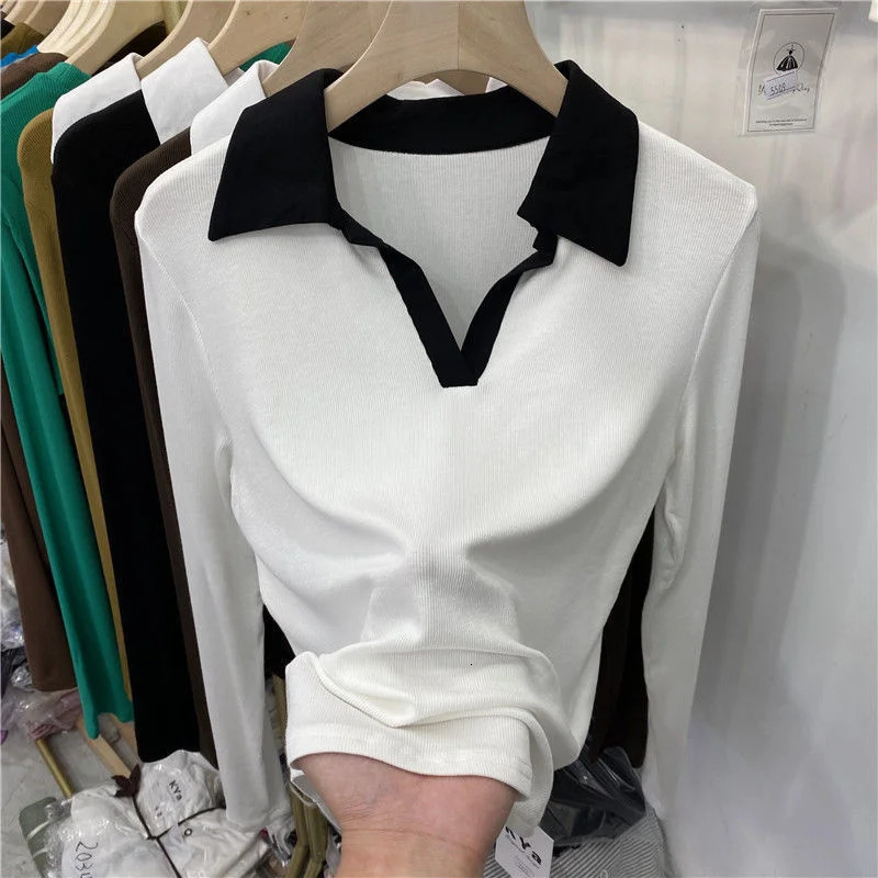 Patchwork Color Lapel Long Sleeve T Shirt Women Basic Shirts Fall Casual Elastic Rib-knit Polo Shirt Y2k Top Women Clothing 240806