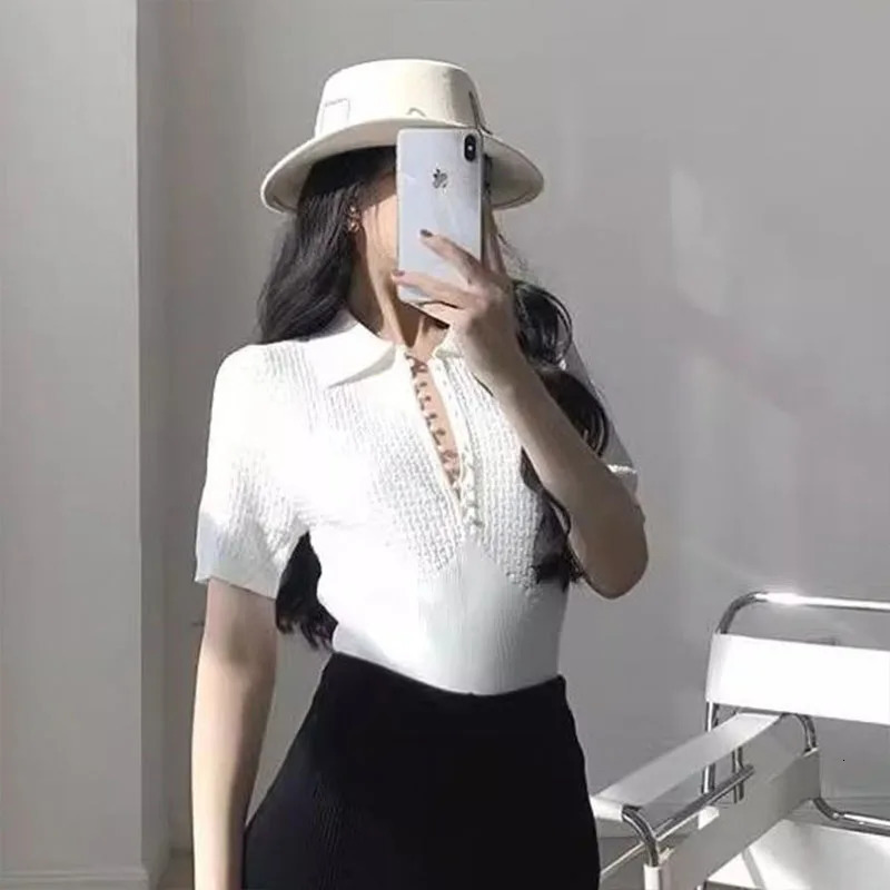Summer Korean Version White All-match Knit T-shirt Women Fashion Turn-down Collar Short Sleeve Y2k Top Casual Chic Pullovers 240806