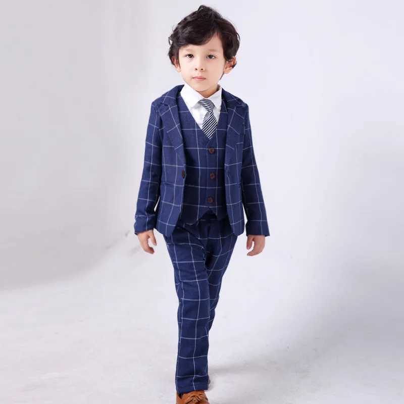 Suits Top Quality Boys Plaid Jacket Vest Pants Bowtie 3Pcs Clothing Set Gentleman Kids Wedding Suit Children Performance Dress