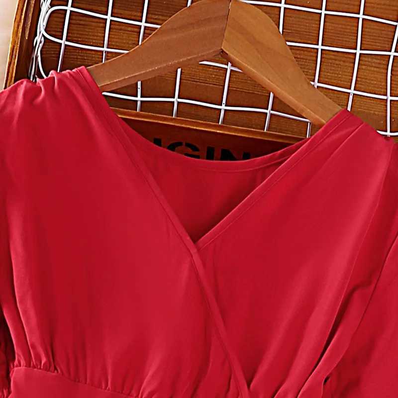 Childrens casual womens clothing 2023 Spring and Autumn fashion childrens V-neck long sleeved red princess pleated dress 7-14YW240720