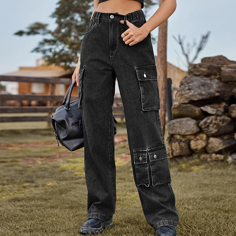 Syiwidii-Womens Cargo Pants Elastic Waist High Waist Denim Trousers Female Clothes Fashion Casual Jeans Big Pocket Loose 240806