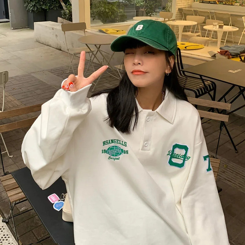 Vintage Embroidery Polo Collar Hoodies Oversized Women Sweatshirt Autumn Trendy Hoodie Harajuku Long Sleeve Shirt Teens 240806