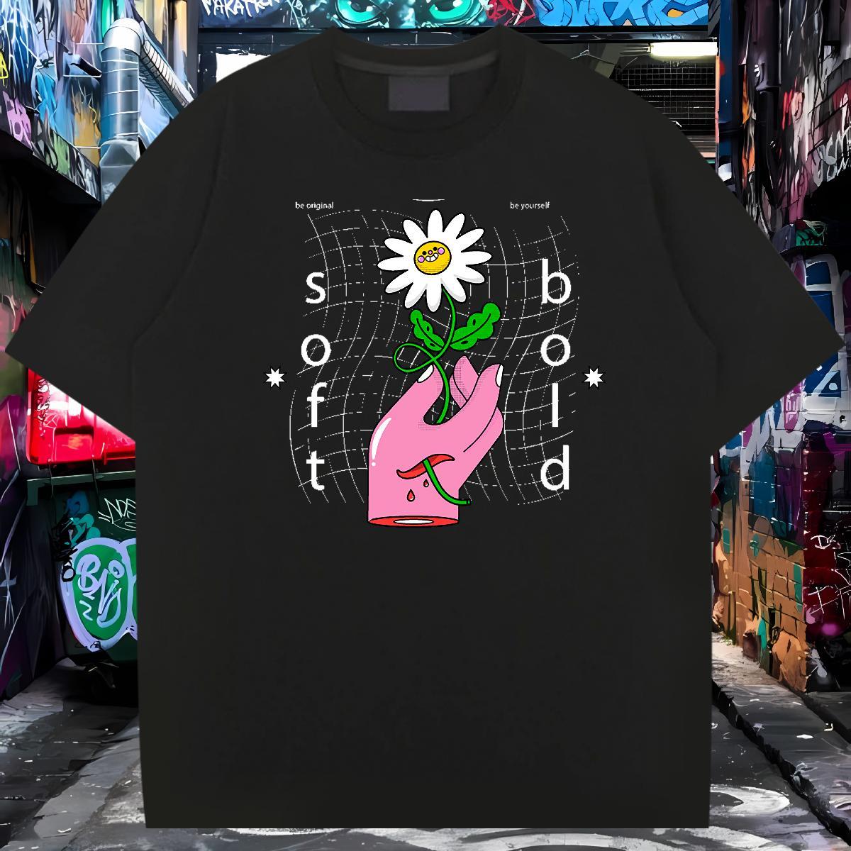 Free Shipping Mens T Shirts 230g Cotton flower Street Tees Shirts Short Sleeve O-Neck Loose Men Clothes T-Shirt Custom Anime