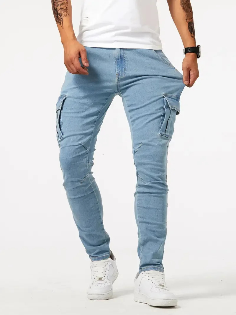 Street Elastic Jeans Men Denim Cargo Pants Wash Solid Color Multi Pockets Casual Mid Waist Trousers Slim Fit Daily Wear Joggers 240806
