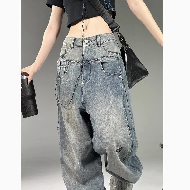 American Fashion Letter Embroidered Baggy Jeans Women Y2K High Street Harajuku Vintage Gothic Straight Versatile Mop Pants 240806