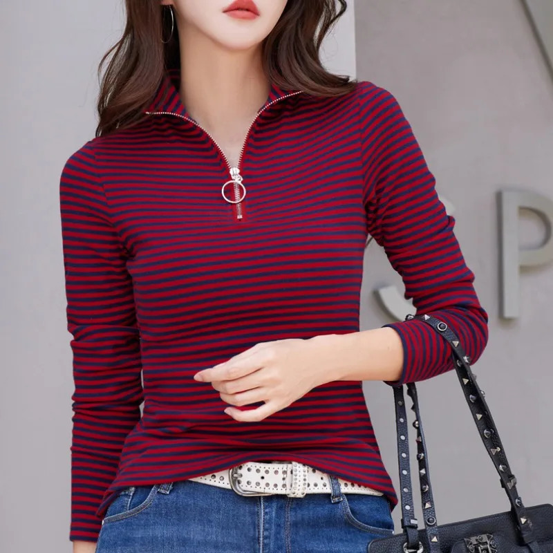 Spring and Autumn Womens Pullover Half High Neck Zipper Solid Stripe Contrast Long Sleeve T-shirt Underlay Elegant Casual Tops 240806