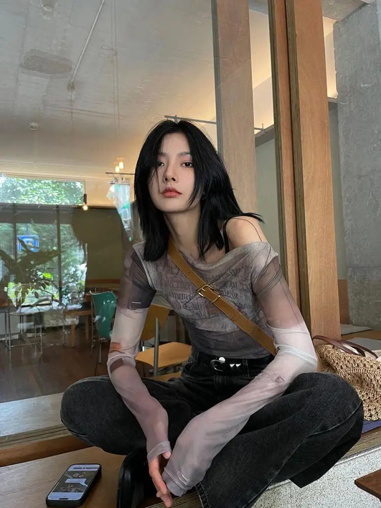 Yedinas sees through mesh top shoulder T-shirt womens clothing long sleeved Korean fashion street clothing T-shirt Y2k Chic 240826