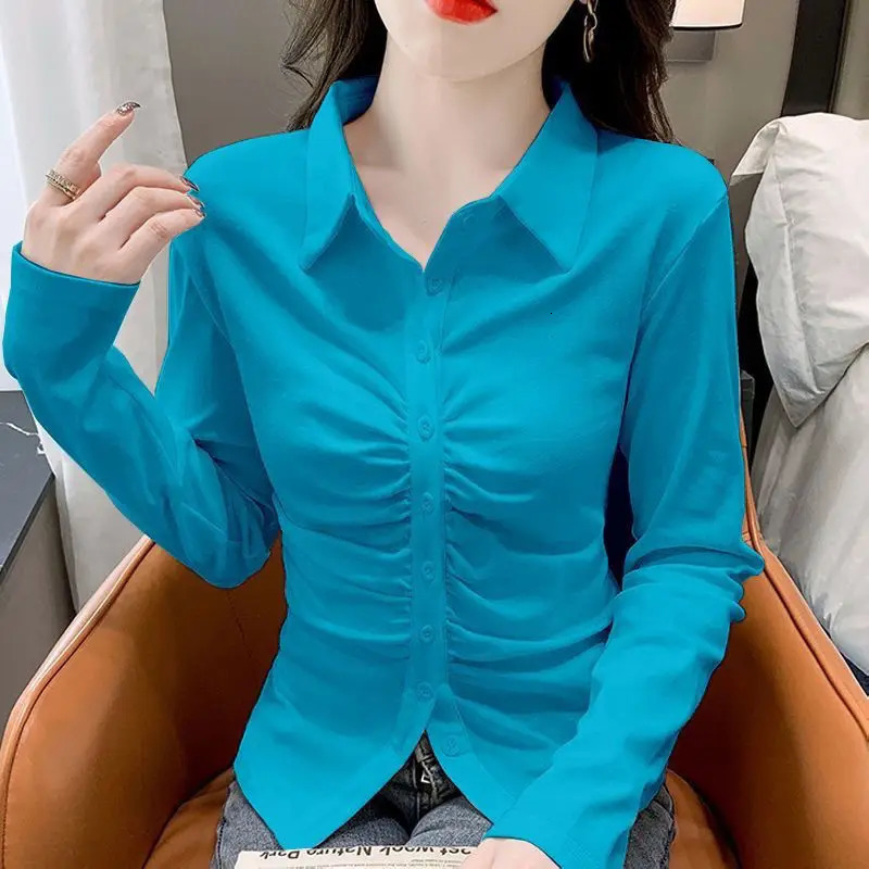 Fashion Lapel Solid Color Button Folds Shirts Womens Clothing Autumn Winter Loose Elegant Tops Office Lady Blouses 240806