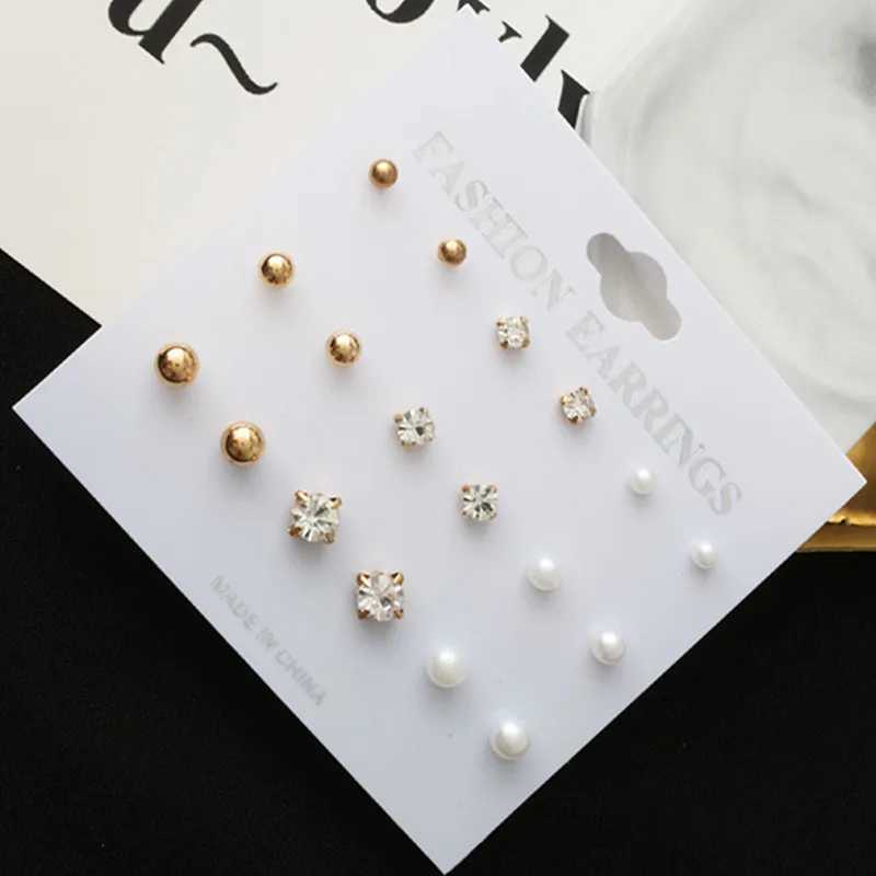 Fashion 9-piece/Set Round Square Crystal Gold Stud Earrings Simulated Pearl Ball Silver Womens Jewelry Earrings Set W241023