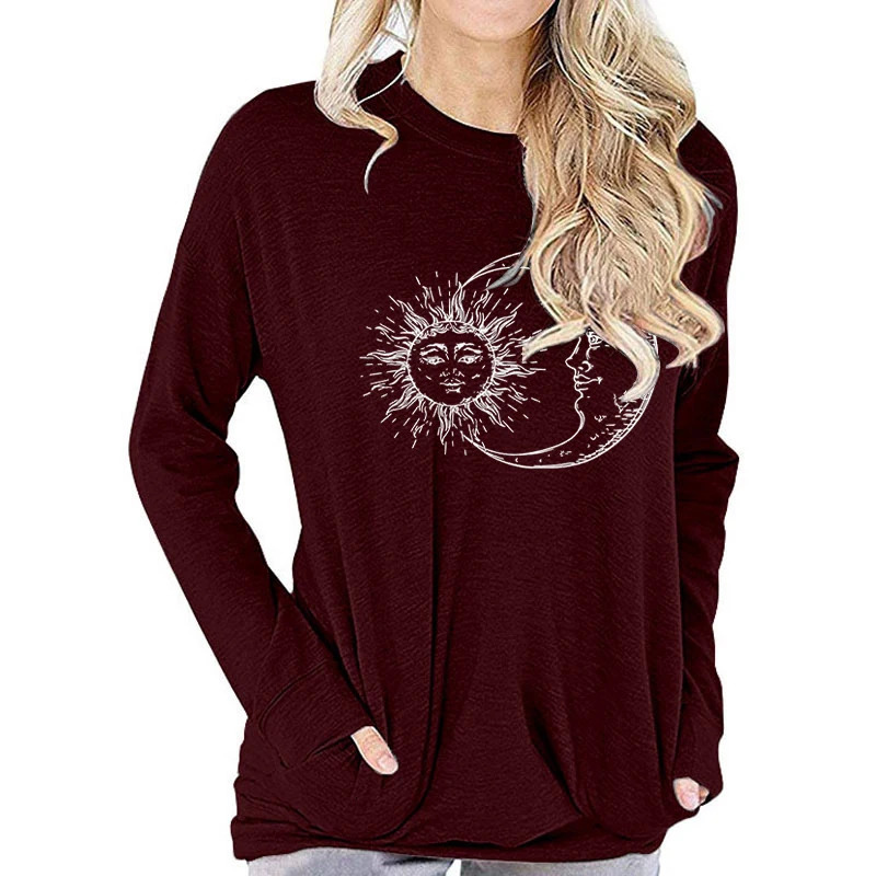 Vintage Sun Moon Graphic T-Shirt Long Sleeve Women Clothing Fashion Street Style Round Neck Tops Tee Funny Sun Moon Women Tshirt 240806