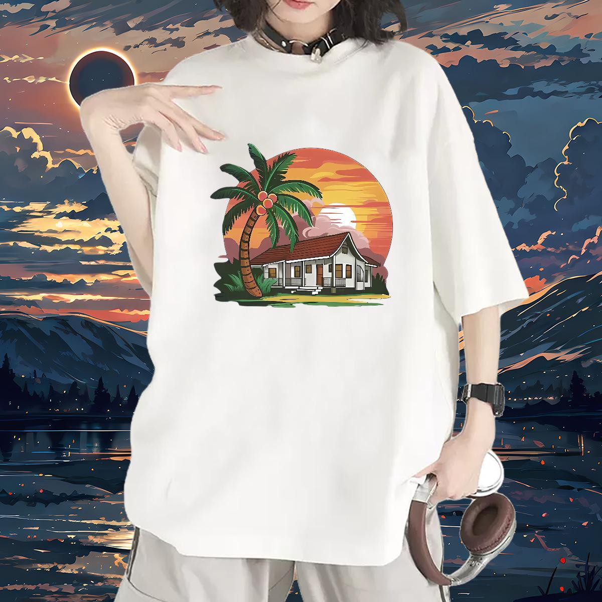 Soft Women T Shirts O-Neck Short Sleeve Couples T Shirts Cartoon Floral Printing beach Summer Casual 230g 100% Cotton 2024 Clothings