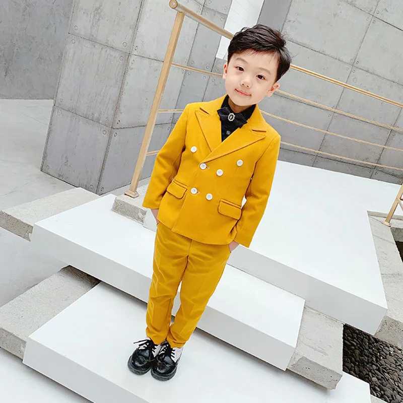 Suits Winter Boys Girls Dress Suit Set Formal Children Catwalk Show Wedding Party Costume Kids Yellow Blazer Pants Clothing Sets