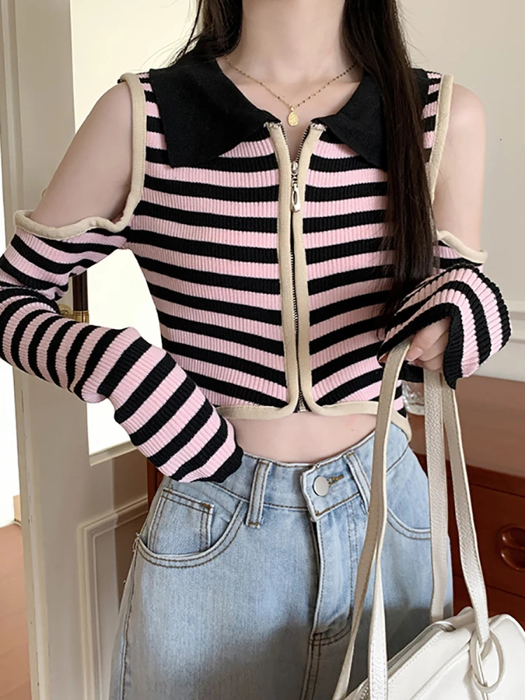 Itolin Y2K Womens Sexy Off Shoulder Long Sleeve T-shirt POLO Collar Striped Knitted Womens Striped Zipper Top 240827