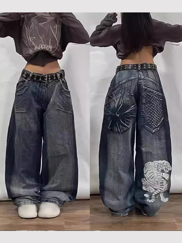 Vintage Wide Leg Jeans Harajuku Hip Pop Printed Denim Pants For Male Loose Oversized Gothic Street Mens Y2k Trousers 240806