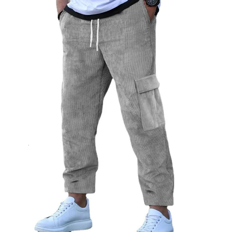 Foreign Trade Mens Corduroy Trousers Solid Color Sports Pants Loose Straight MultiPocket Thin Casual Autumn and Winter 240806