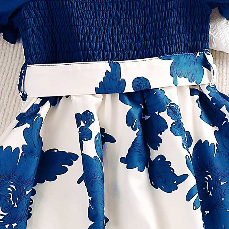 Girl Dress Summer New Sweet Printing Patch Work Bubble Sleeve Blue Princess Dress Birthday Party Dress Girl Baby ClothingW240720