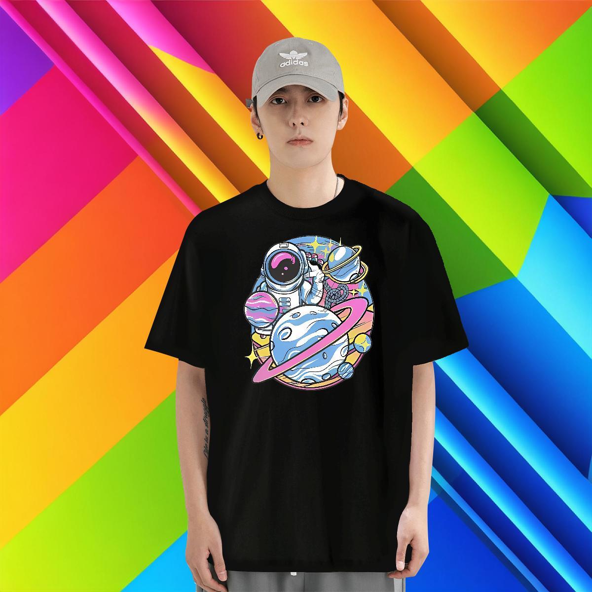 Free Shipping Couples T Shirts 230g 100% Cotton Casual spaceman DIY Logo Oversized Short Sleeve O-Neck 2024 Men T Shirts Tops Tees