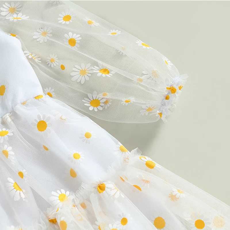 Preschool girl princess Tutu A-Line dress daisy print long sleeved pleated mesh chiffon dressW240720
