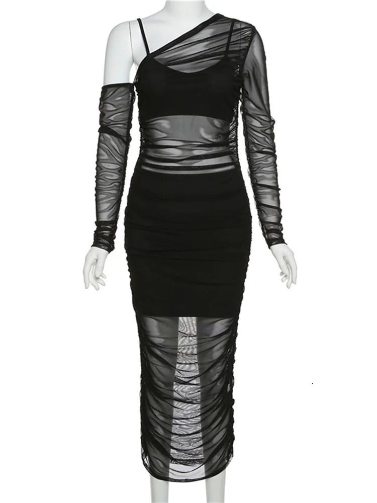 Articat Mesh See Through Women Dress Sexy 3 Piece Set Elegant Fashion Female Clothing Casual Slim Camisole Black Bodycon Skirts 240806