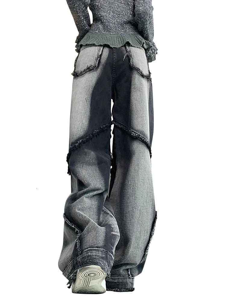 Retro Y2K Casual Ripped Dark Grey Jeans Baggy Women High Waist Wide Leg Trousers Harajuku Washed Denim Cargo Pants Fashion 240806