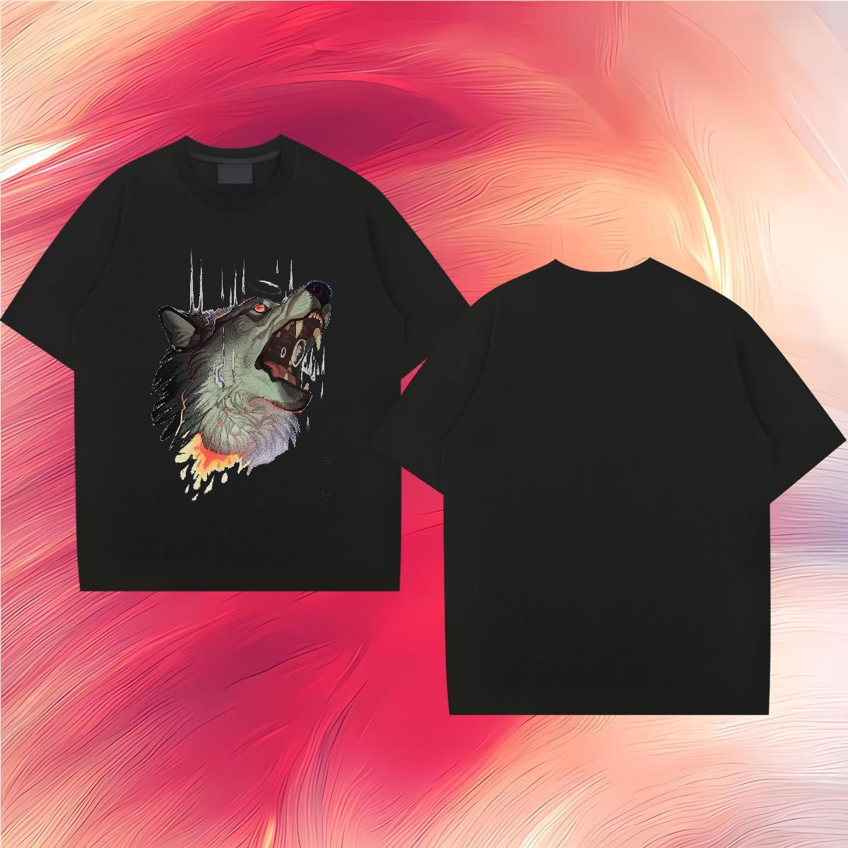 Casual New T-Shirts 230g Cotton wolf Hip Hop Clothings Breathable Crew Neck Designer Men Tops Tees Black Oversized