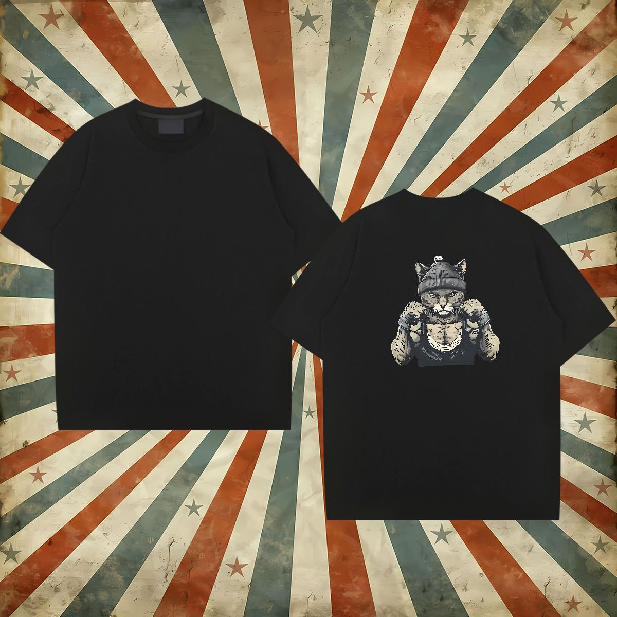 Custom T Shirts Men 230g 100% Cotton cat Sport Tops Tees Short Sleeve Soft Popular Men Tees Black White