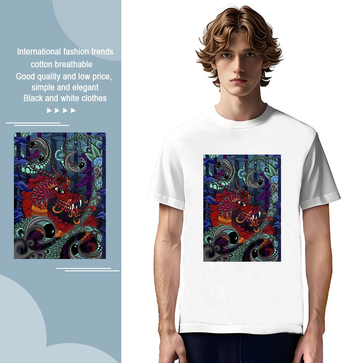 T-Shirts 230g Pure Cotton dragon Spring Summer Crew Neck Breathable Black Oversized Men Tees 2024 New Brand Top Tees
