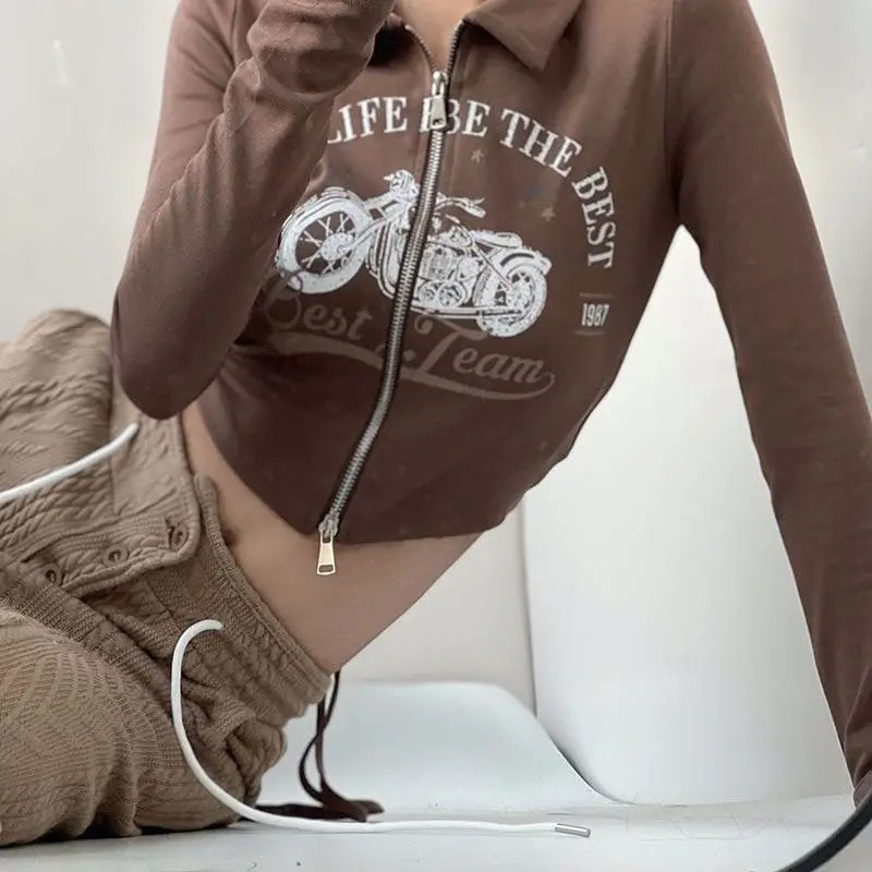 Zip Up Cutting T-shirt Womens Retro Y2k Graphic Polo Top Ultra Thin Bandage Shirt Long Sleeve T-shirt Brown Almond 240827