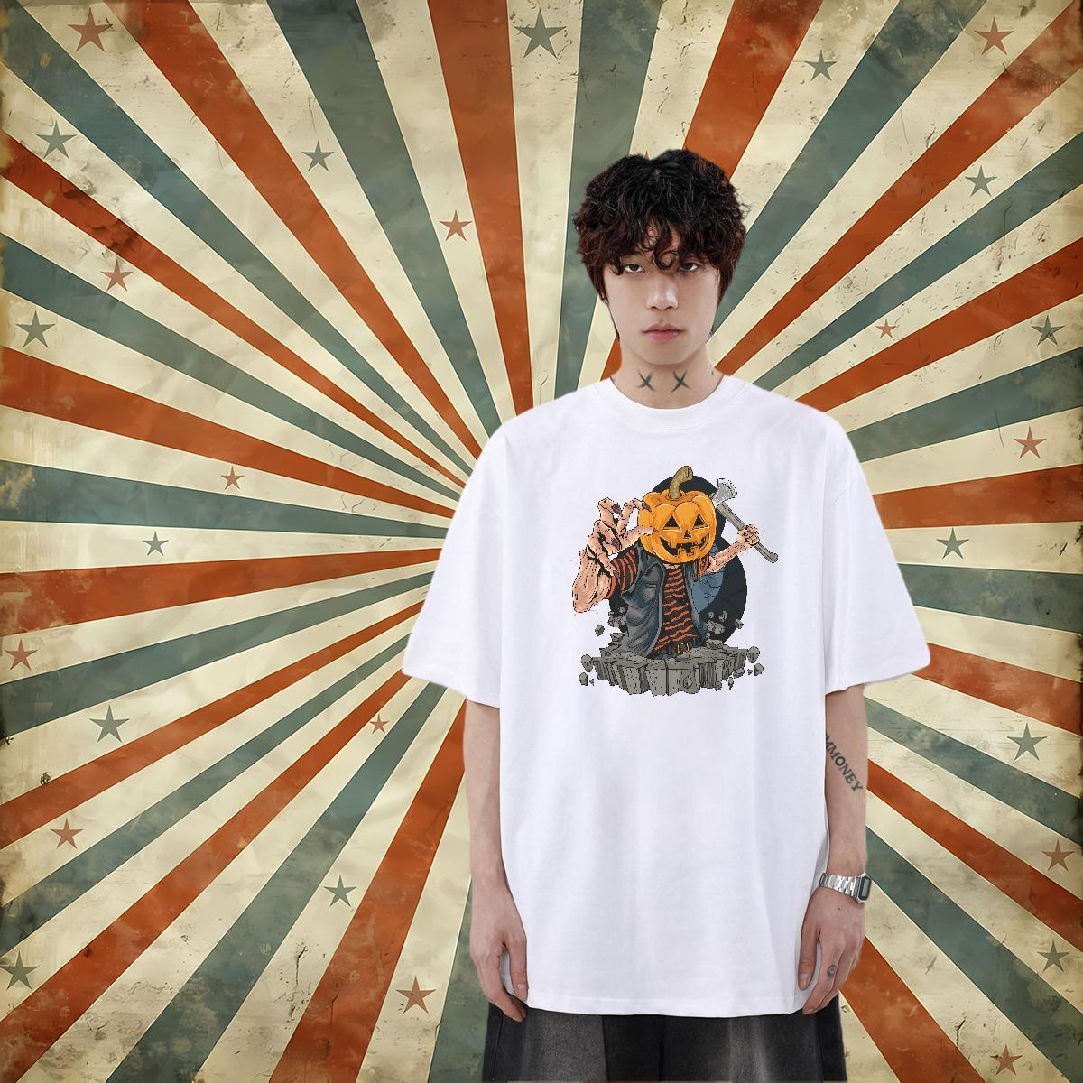 Classic Casual T-Shirts for Men 100% Cotton 230g Halloween Anime Printing Street Clothes Short Sleeve O-Neck Loose Mens Tshirts White Plus Size