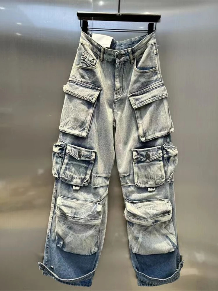 Women Jeans Denim Distressed Multi Pocket Washing Cargo Pants Casual Low Waist Zipper Fly Winter Gradient Slight Strech 240806