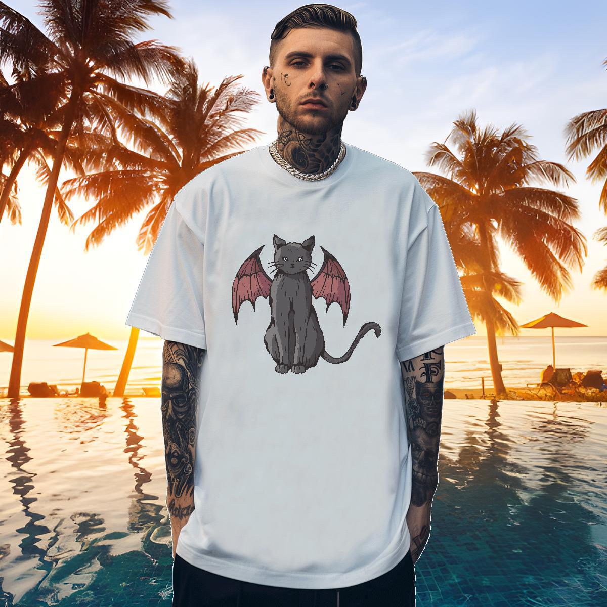 Loose Fit Tshirts 100% Cotton 230g cat Men T Shirts Street Breathable Crew Neck DIY Anime Fashion Wear