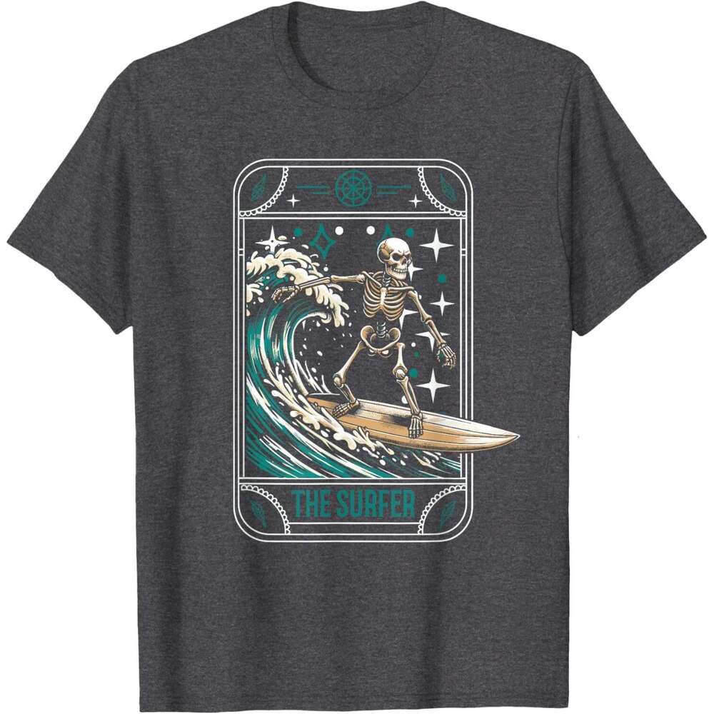 Halloween T shirt Mens Surfer Surfing Surfboard - Waves Skeleton Tarot Card T-Shirt shirts tshirt graphic tee Casual tops summer clothes Short sleeve 
