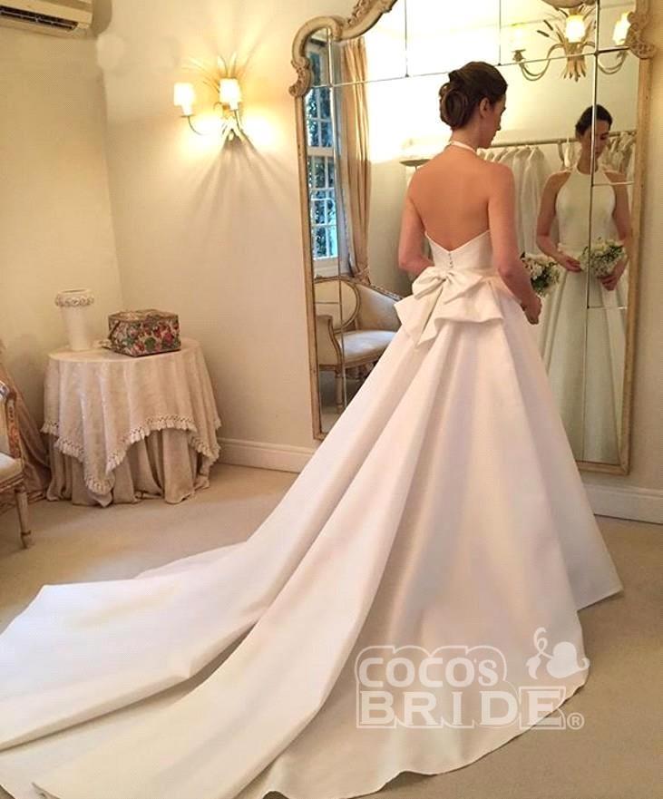 2024 Simple Satin Ball Gown Wedding Dresses Halter Backless Sweep Train Bridal Gowns Dress For Mariage Bc19296 0213