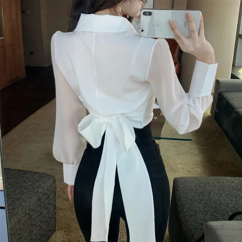 Spring and summer solid color womens polo neck long sleeved fashionable button patch work cardigan elegant lace bow Y2K top 240827
